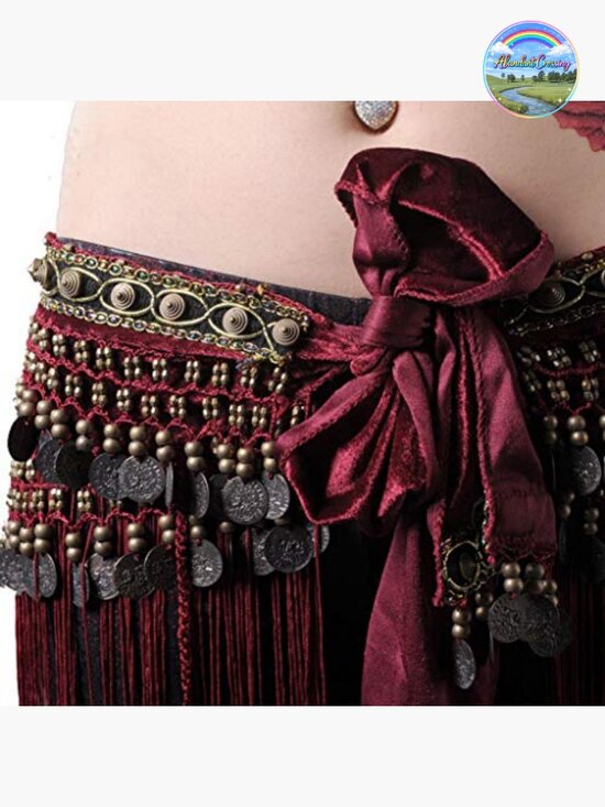 Belly Dance Belt Velvet Tassel Hip Scarf Tribal Coin Skirt Wrap